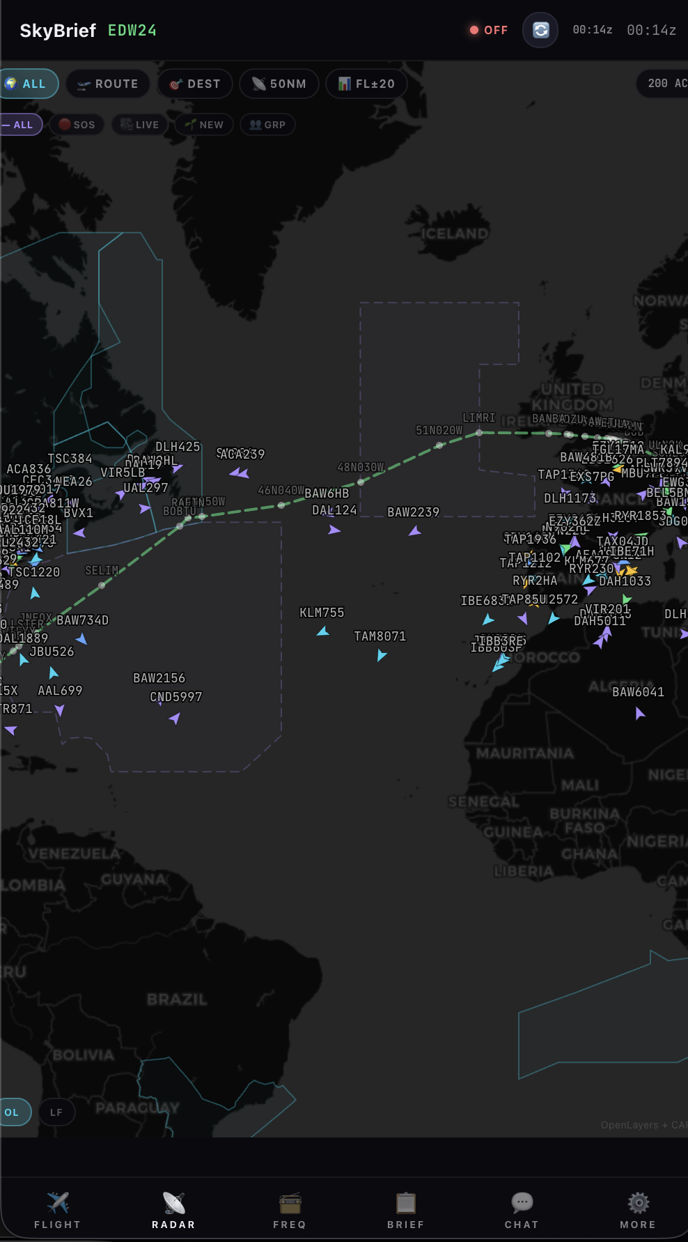 Live radar map with transatlantic route