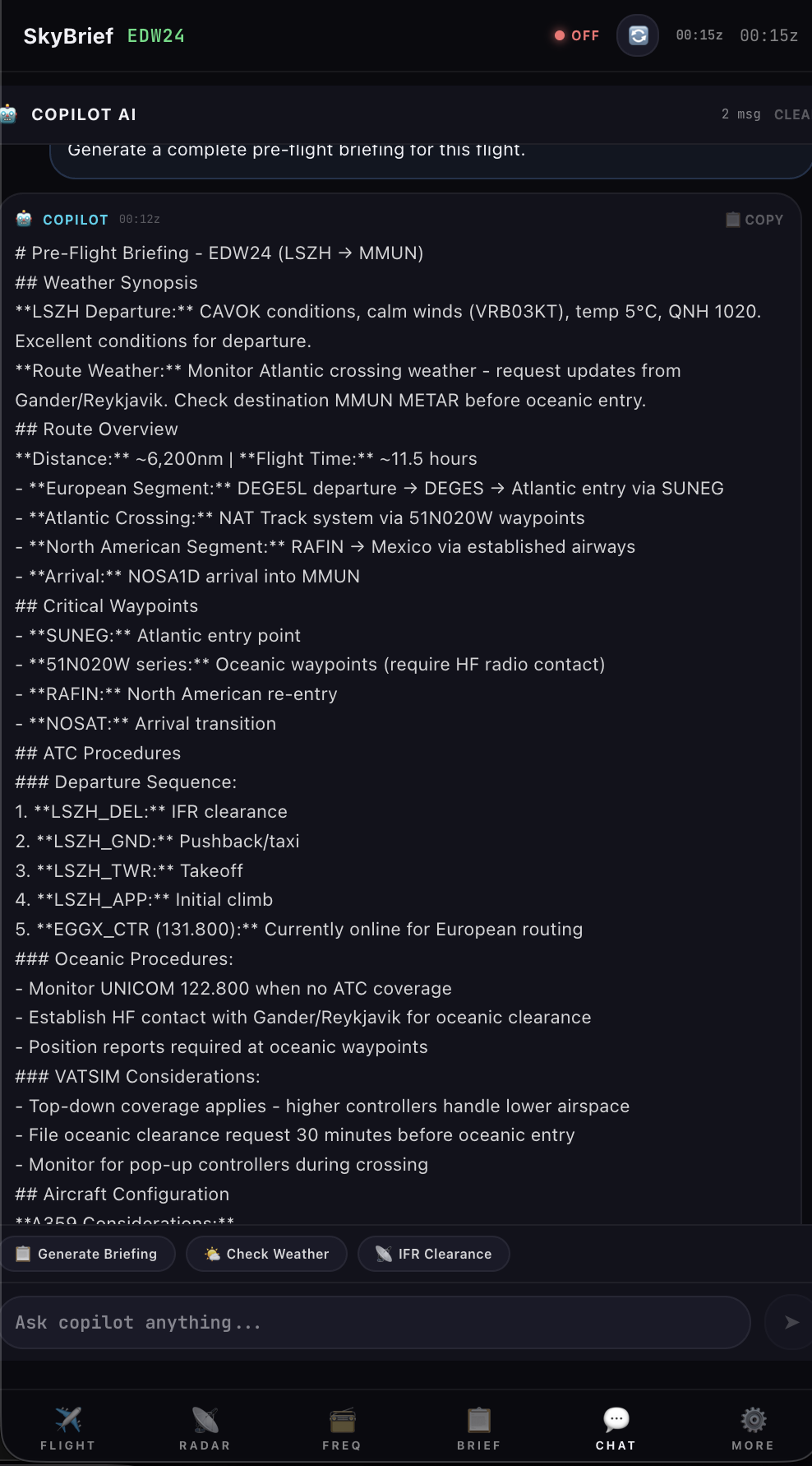 AI chat generating flight briefing